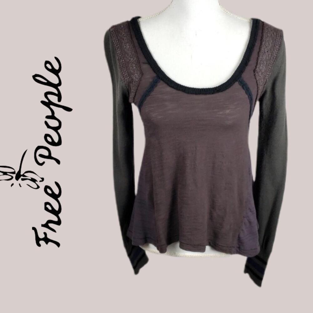 Free People Brown & Gray Long Sleeve Knit Casual Top - size small
